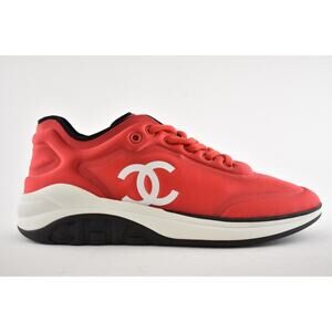Chanel 19P Red Lycra White Black CC Logo Lace Up Low Top Trainer Sneaker 36.5